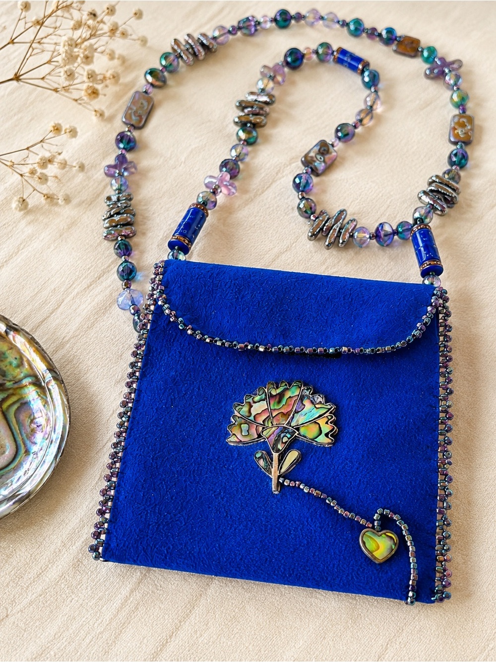 Stunning Handcrafted Abalone Silver Surfed Amulet Pouch Necklace 💙💜 OOAK NEW